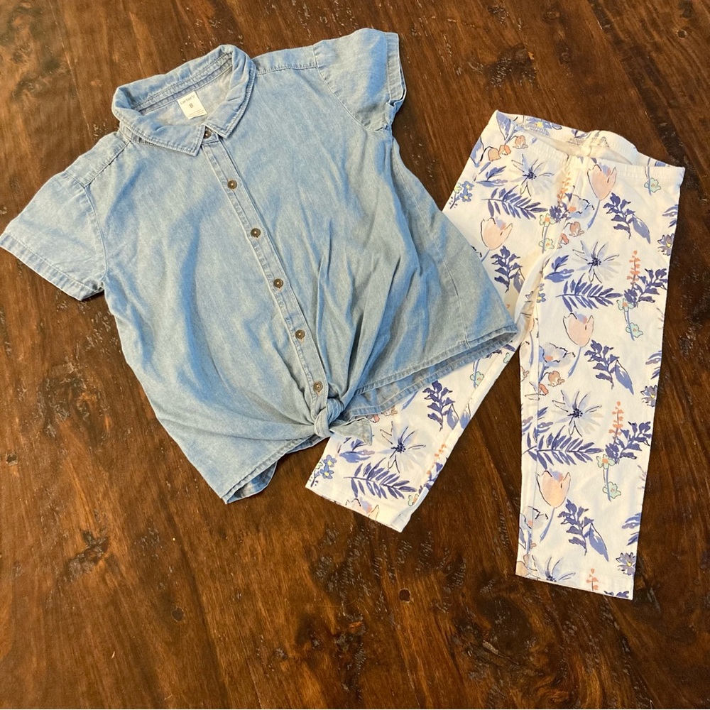 Girls Summer Outfit Blue Denim Chambray Shirt and Floral Pants Set Size Youth S - Picture 1 of 8